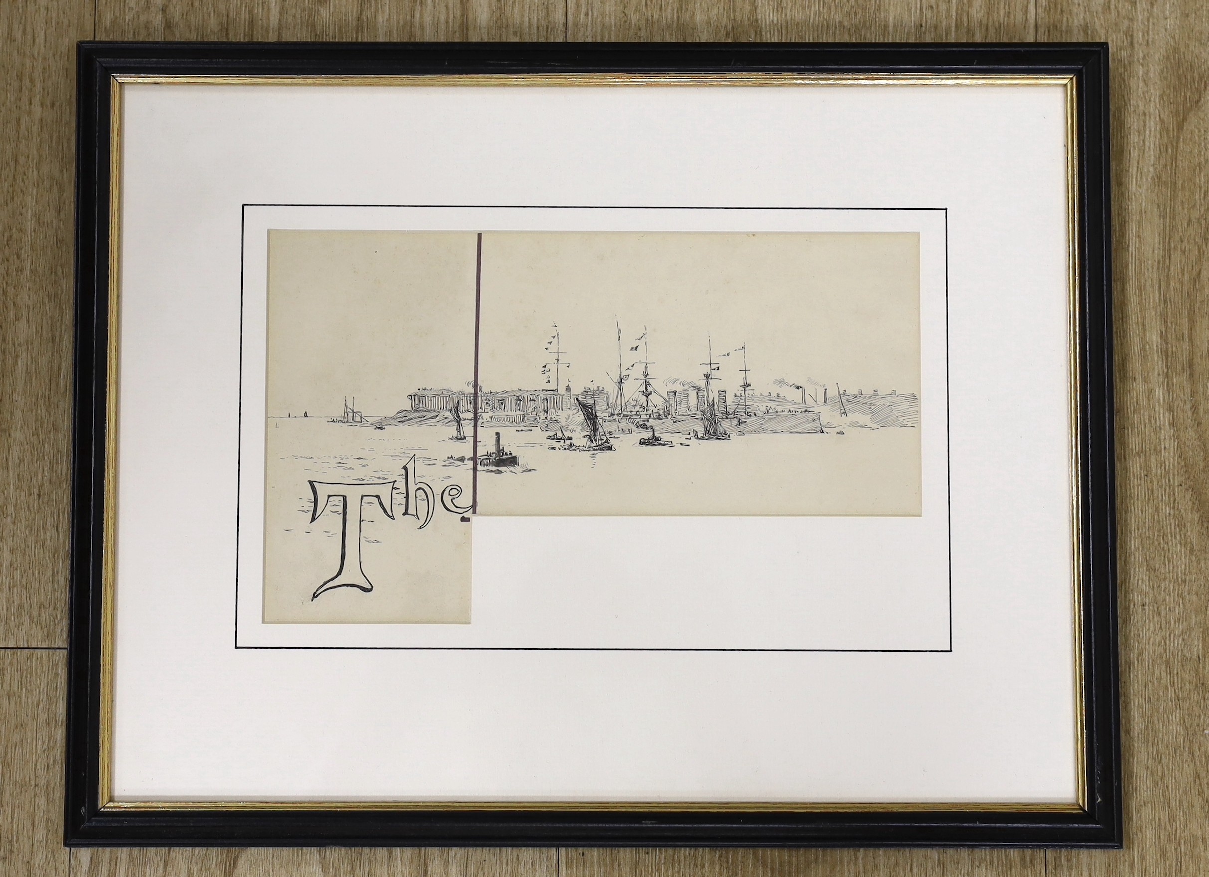 Attributed to William Lionel Wyllie, pen and ink, 'The ....' Shipping off the coast, 14 x 24cm